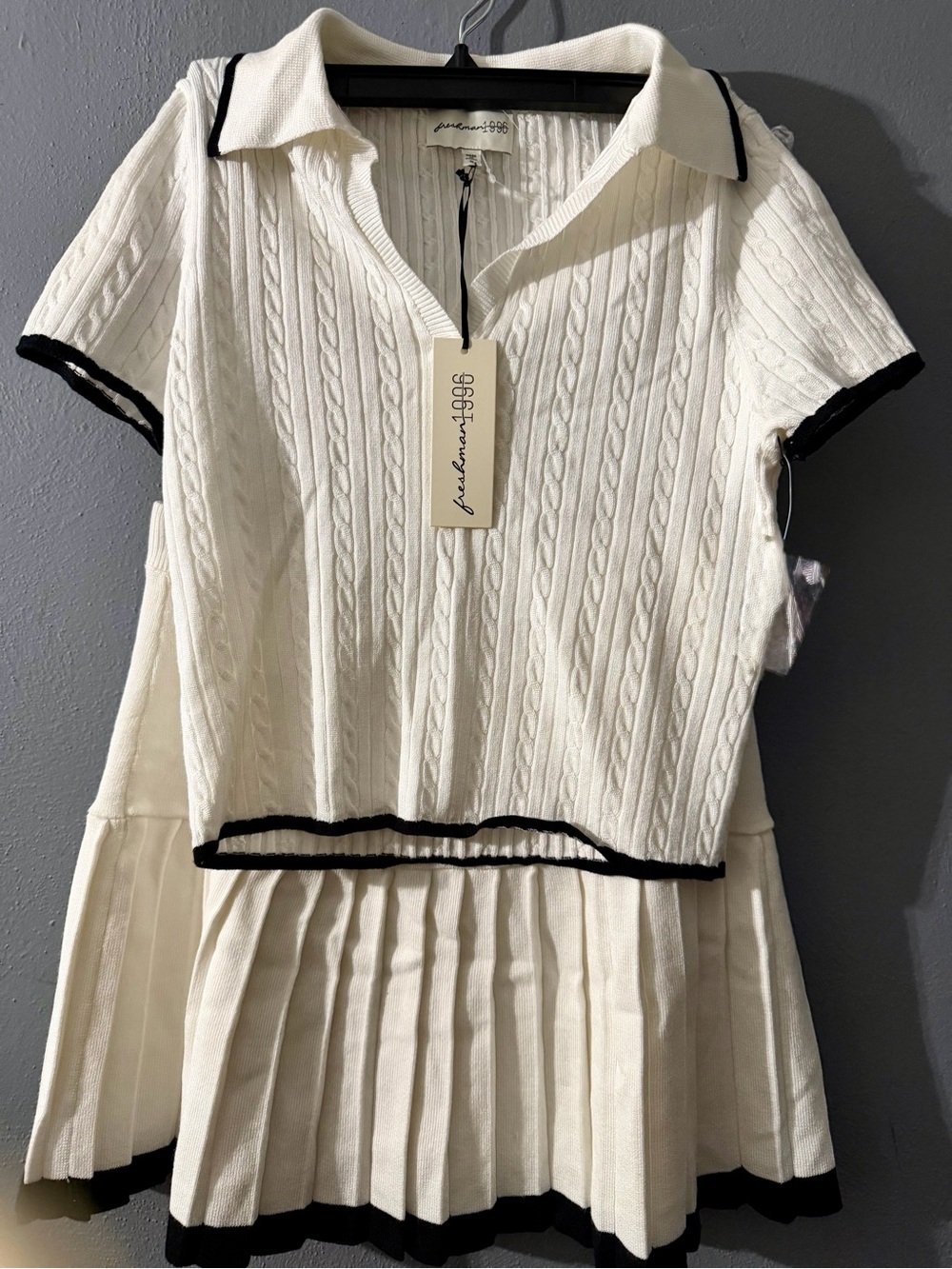 Polo Cable-Knit Matching Set in Cream with Navy Trim - pullover1966